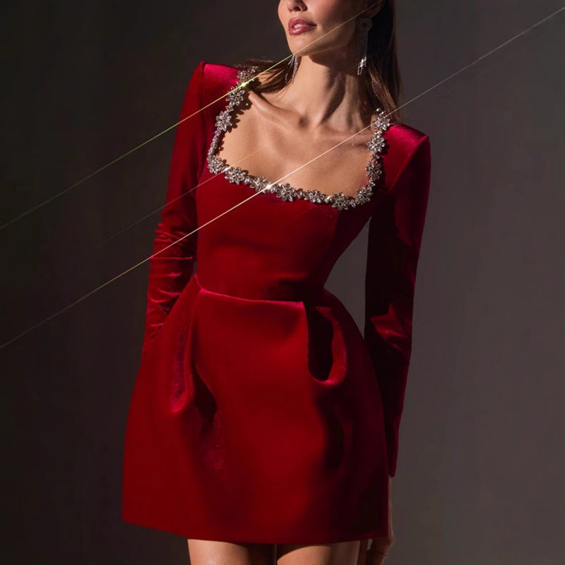 Chelsea Velvet™ | Jewel-Collar Pocketed Party Dress