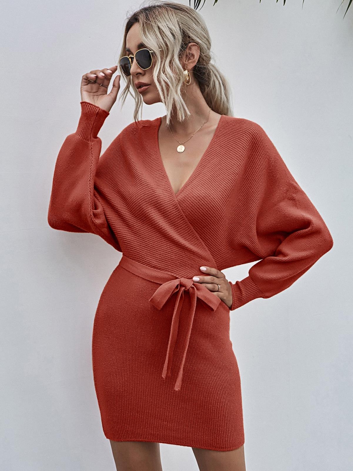 Maelle™ | V‑Neck Knit Dress with Balloon Sleeves