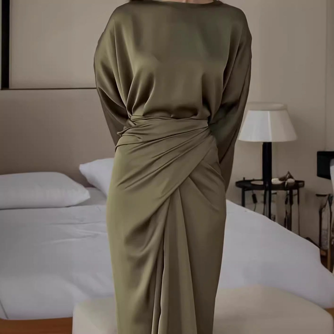 Soho Radiance™ | Flowing Batwing Satin Dress