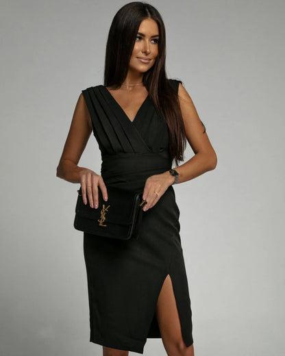Vania™ | V‑Neck Slit Midi Dress