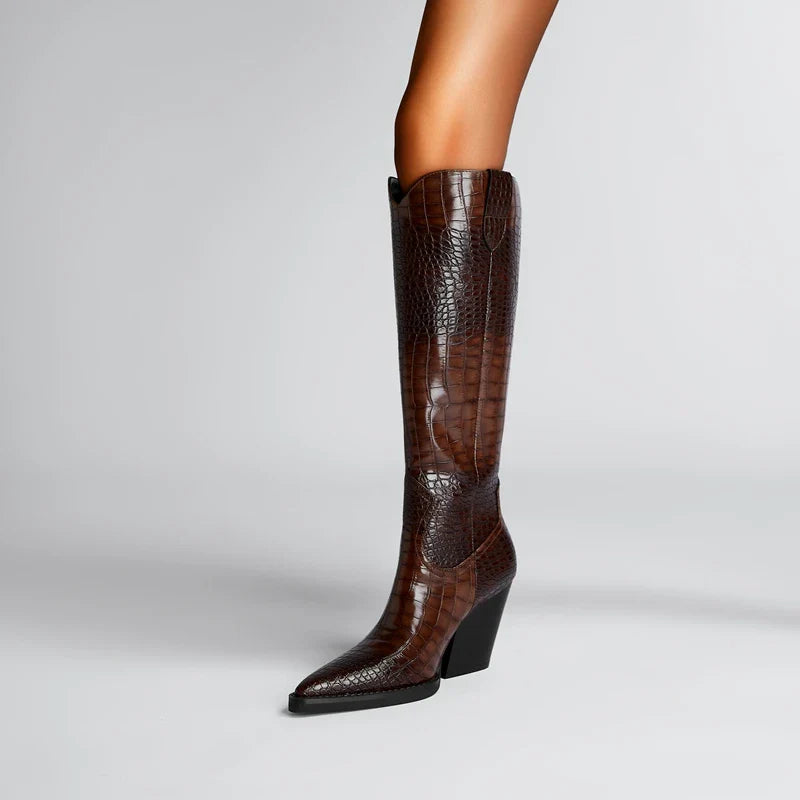 Harrow Crest™ | Croc-Embossed Block Heel Boots