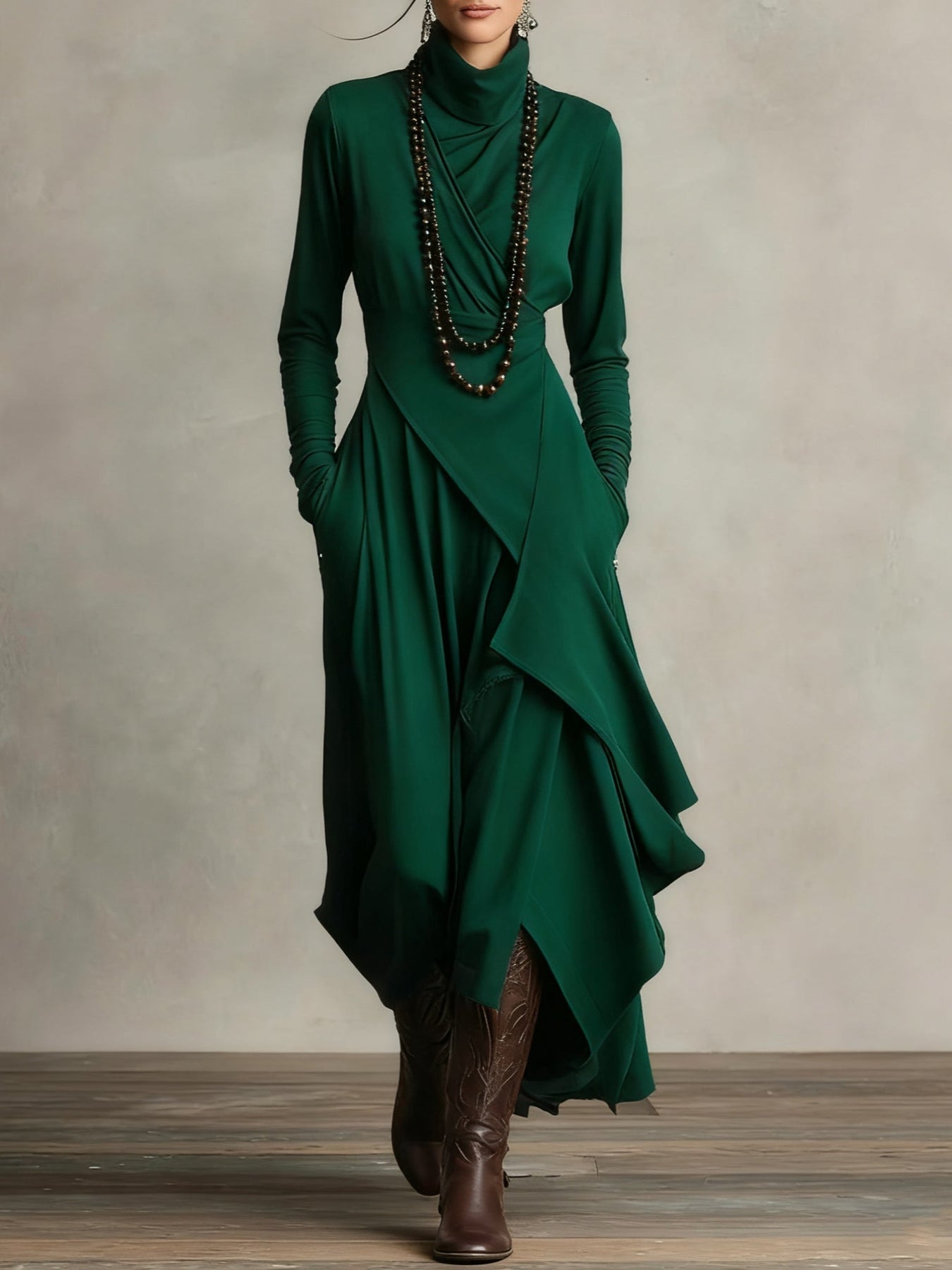 Seraphine Wycliff™ | High-Neck Asymmetrical Pleated Maxi Dress