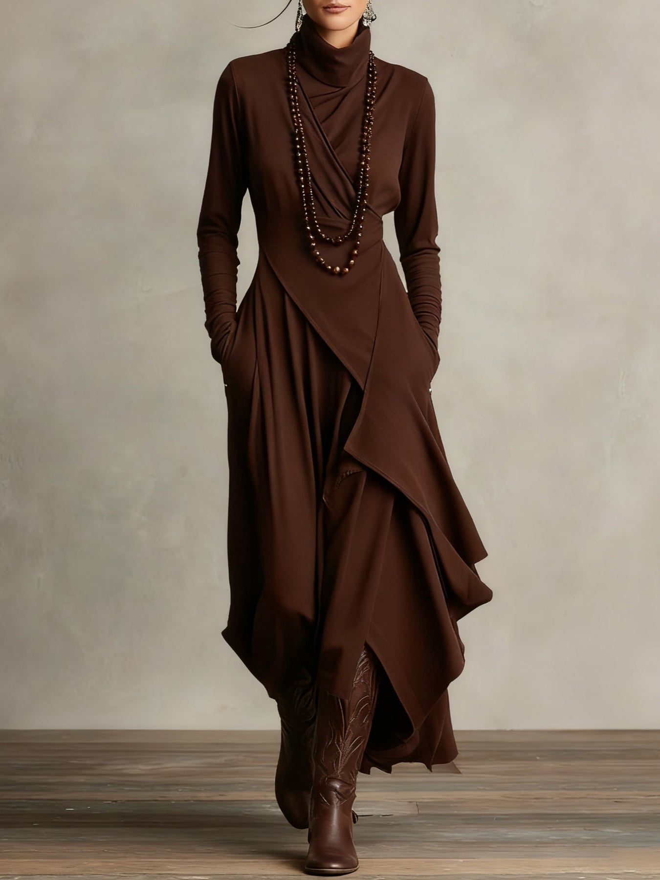 Seraphine Wycliff™ | High-Neck Asymmetrical Pleated Maxi Dress