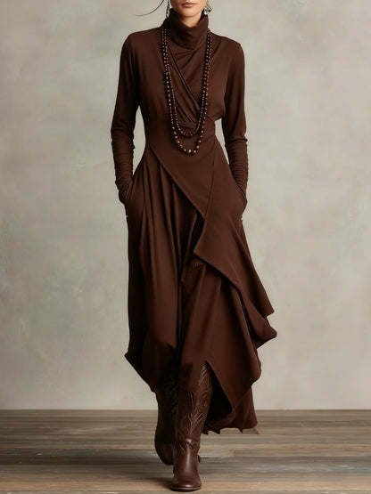 Seraphine Wycliff™ | High-Neck Asymmetrical Pleated Maxi Dress