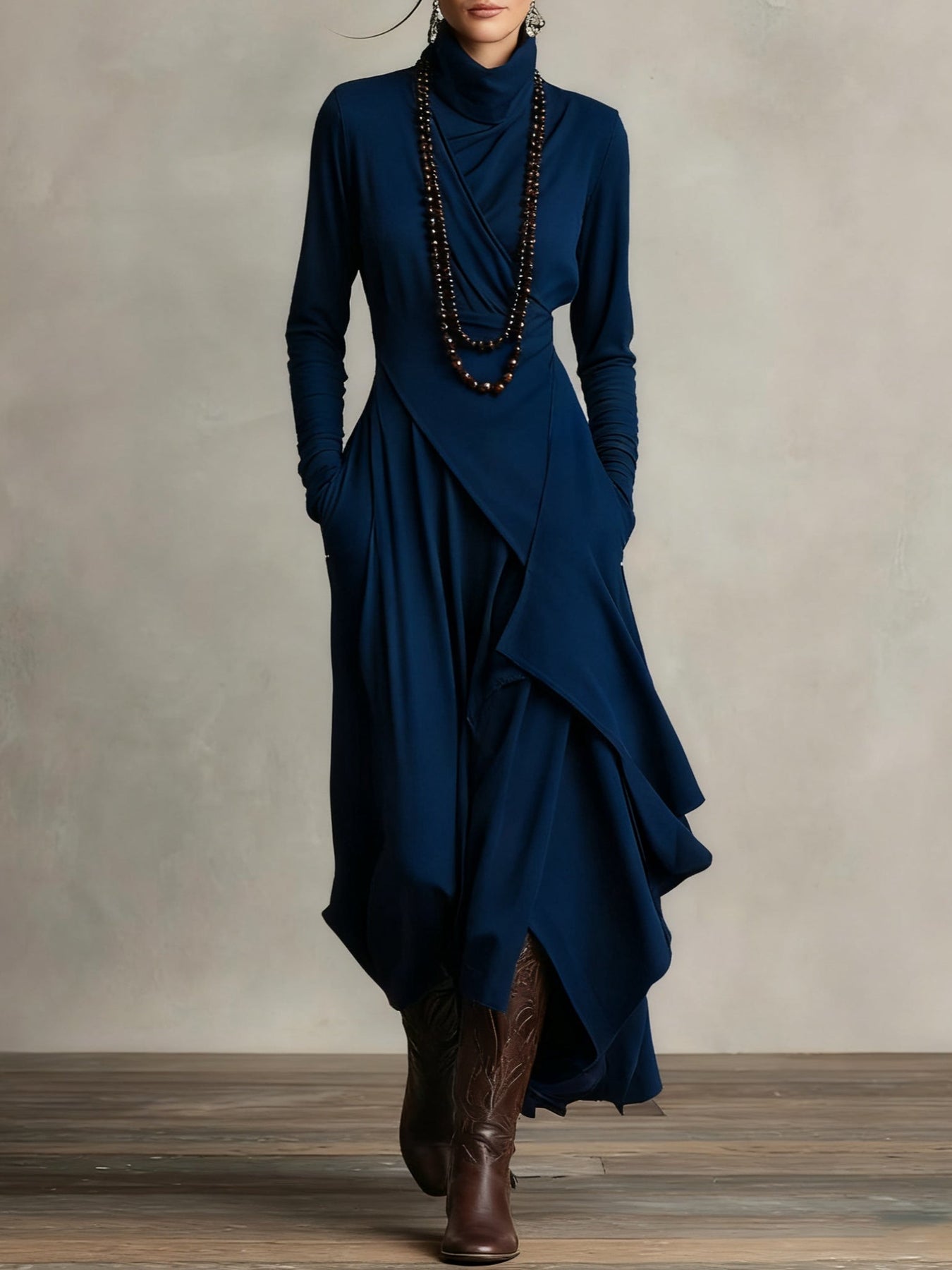 Seraphine Wycliff™ | High-Neck Asymmetrical Pleated Maxi Dress