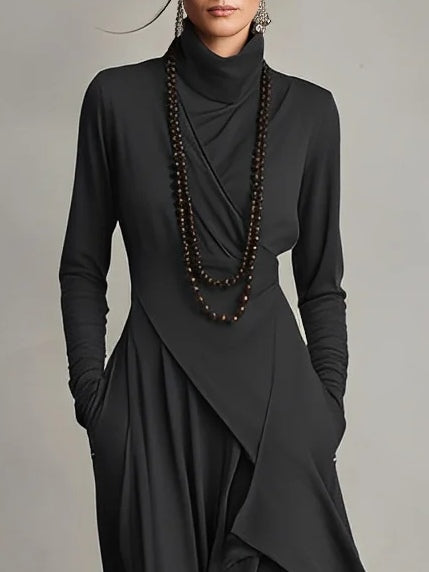 Seraphine Wycliff™ | High-Neck Asymmetrical Pleated Maxi Dress