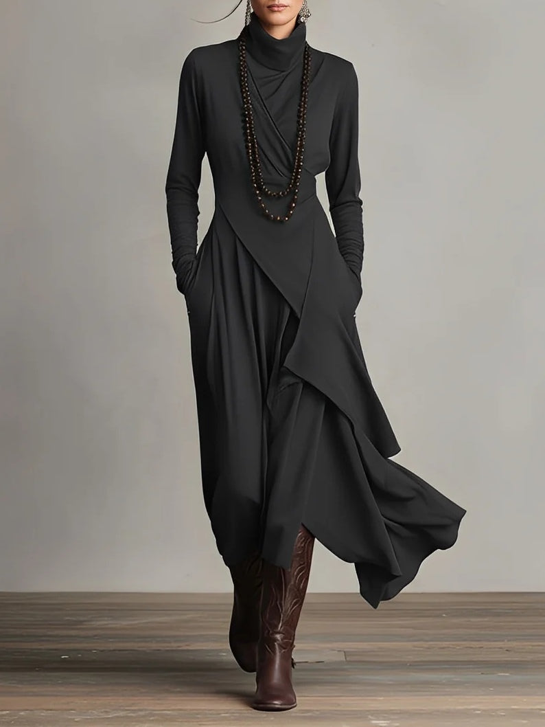 Seraphine Wycliff™ | High-Neck Asymmetrical Pleated Maxi Dress