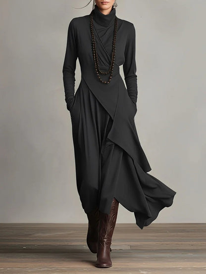 Seraphine Wycliff™ | High-Neck Asymmetrical Pleated Maxi Dress