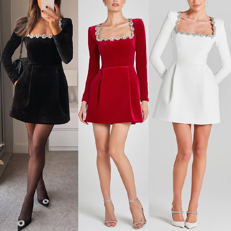 Chelsea Velvet™ | Jewel-Collar Pocketed Party Dress