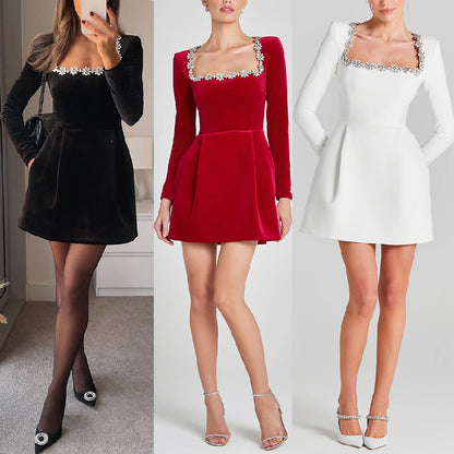 Chelsea Velvet™ | Jewel-Collar Pocketed Party Dress